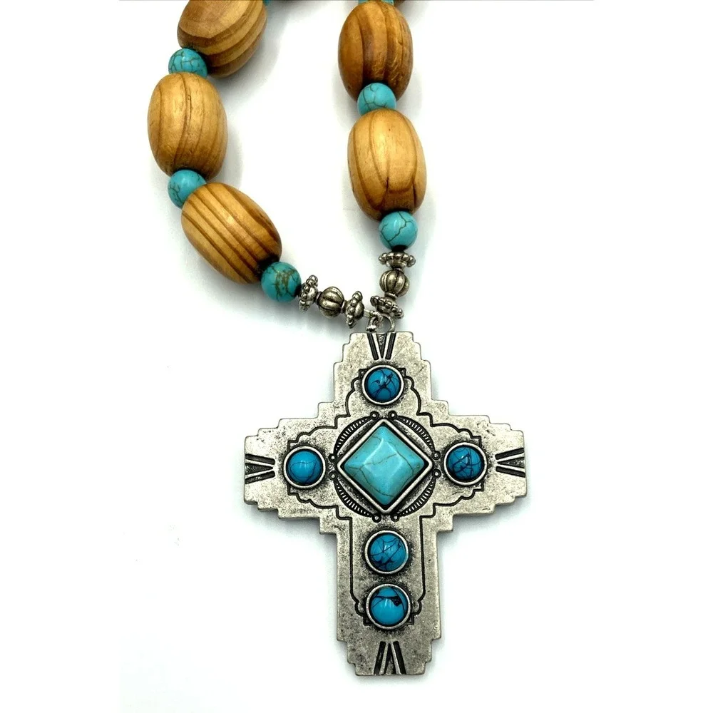 Rosary Wood & Metal Crucifix Cross Silver Toned & Turquoise Colored Beads 32